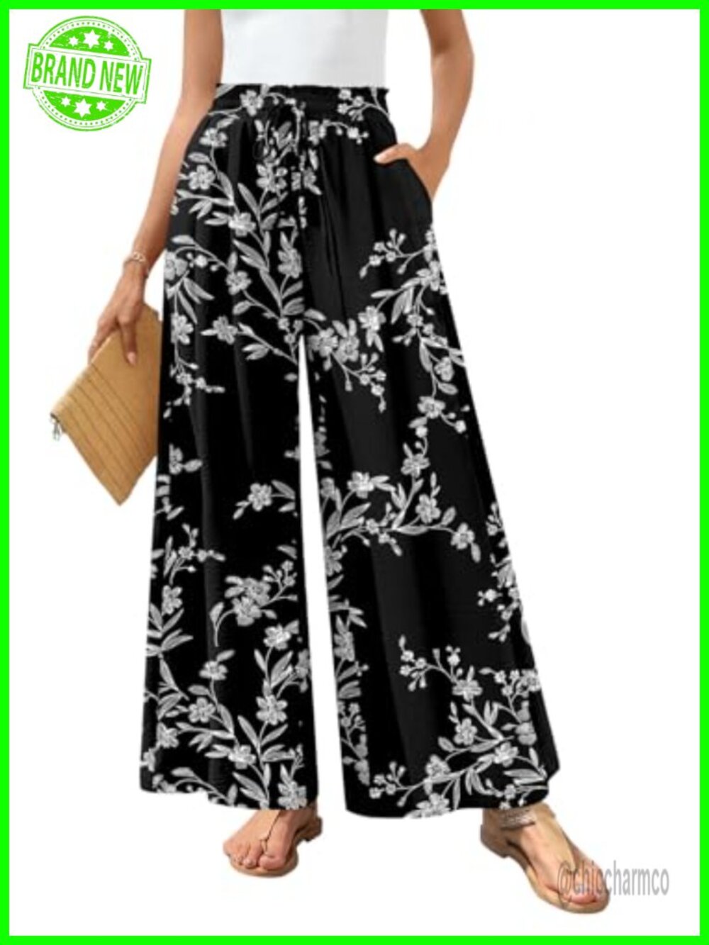 Wide Leg Palazzo Pants High Waisted Drawstring Loose Fit Flowy Beach Vacation